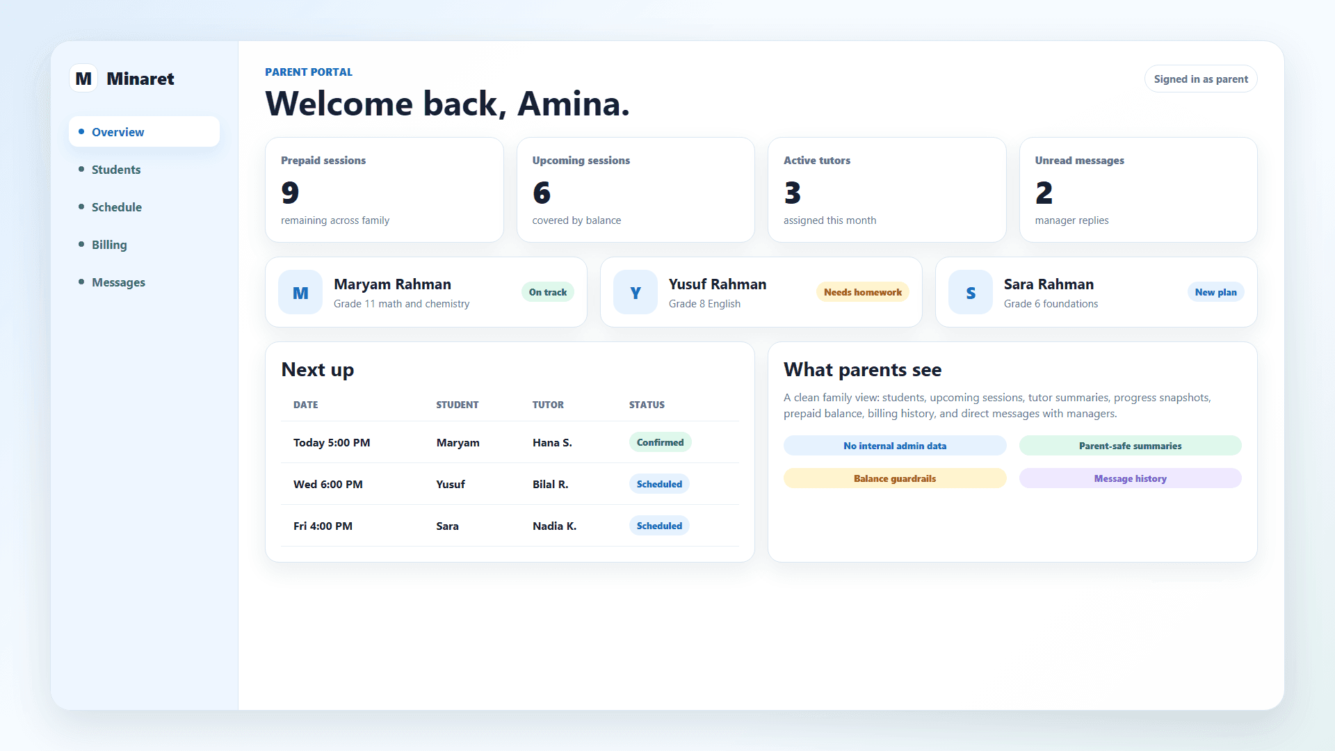 Parent portal overview showing session balance, upcoming sessions, and recent updates