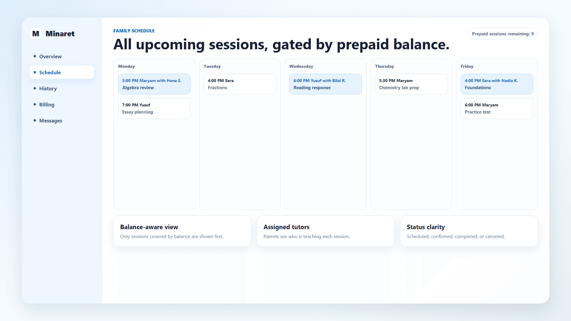 Family schedule view showing upcoming tutoring sessions
