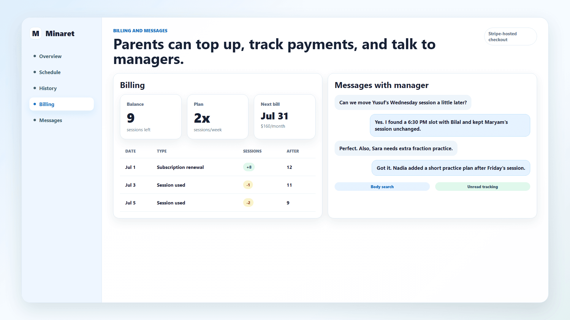 Billing and messages view showing session balance and family communication